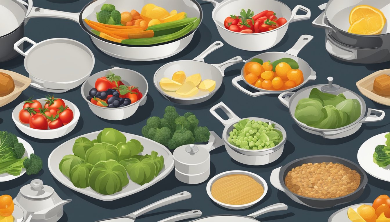 A variety of high-quality cookware arranged neatly on a kitchen counter, with fresh vegetables and fruits displayed alongside