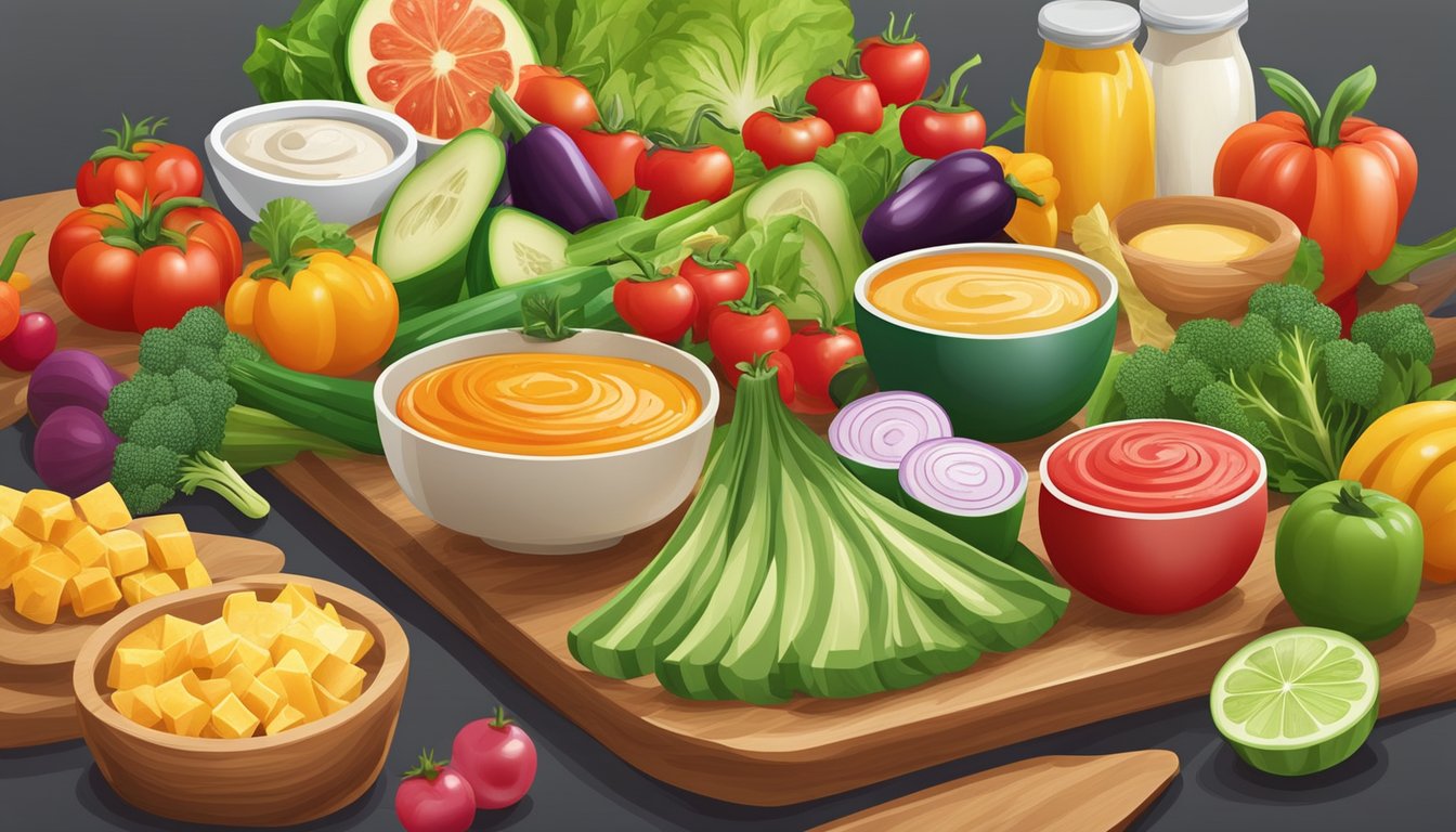 A colorful array of fresh vegetables and fruits arranged on a wooden cutting board, with a variety of healthy dips and sauces on the side