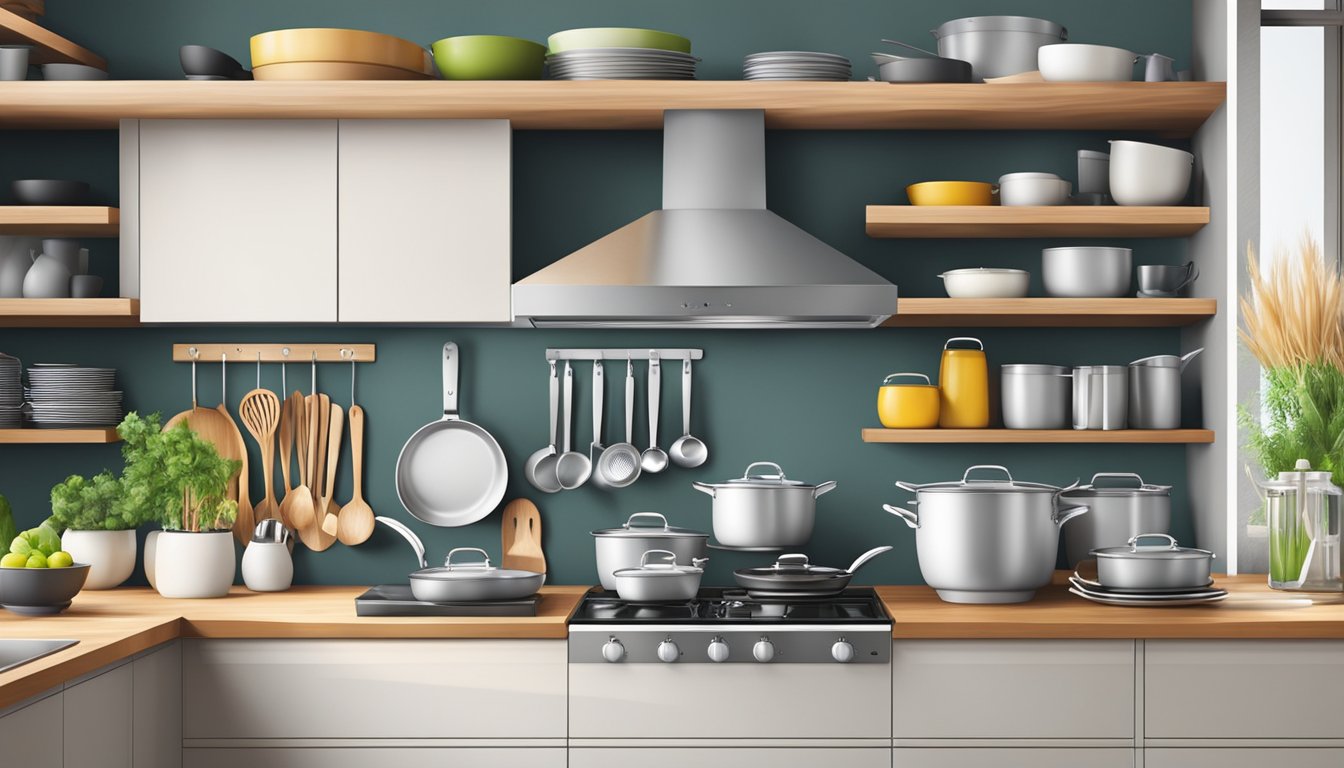 A modern kitchen with a variety of high-quality, durable cookware and utensils neatly organized on open shelves and countertops