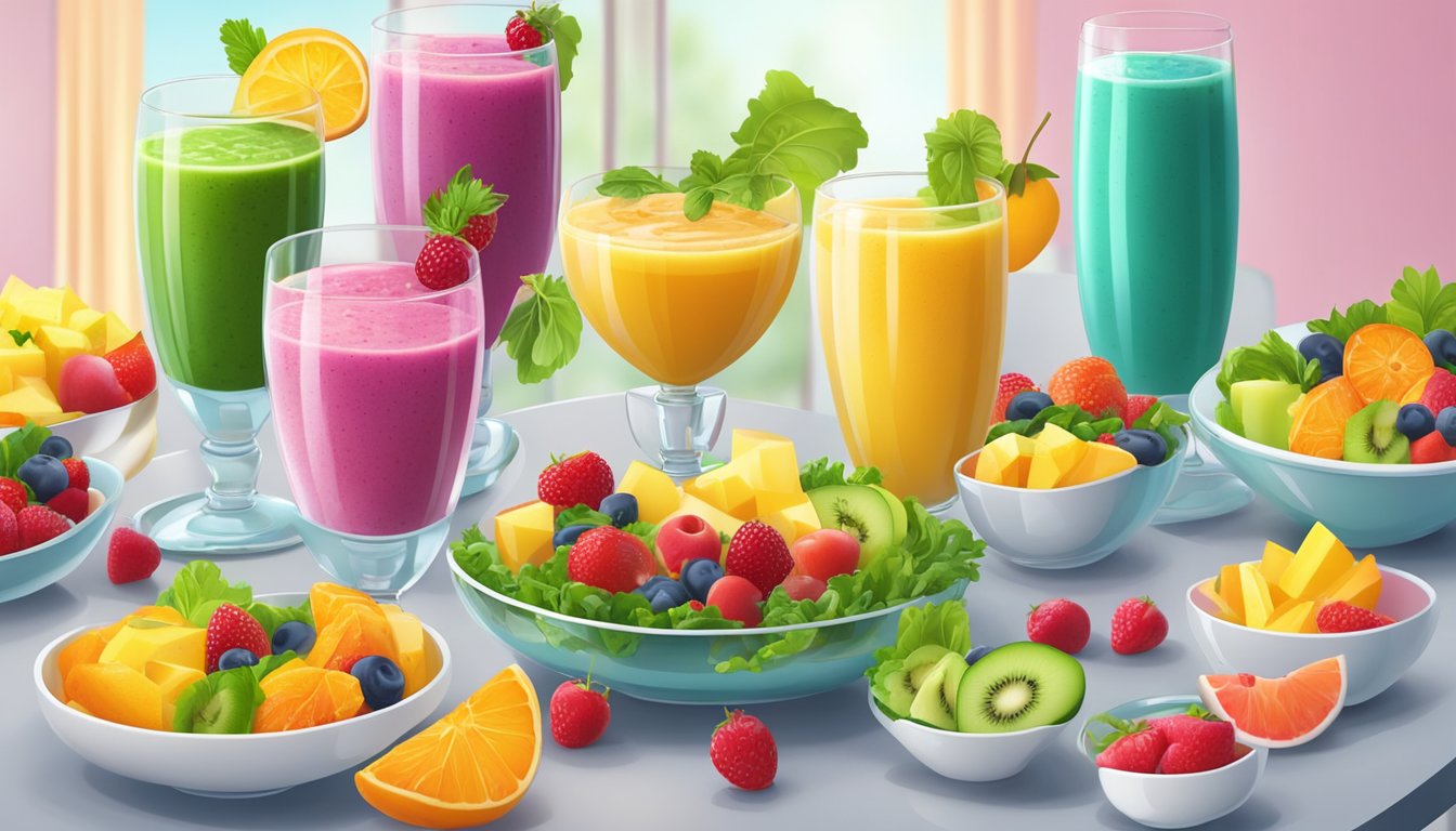 A colorful array of fresh fruit smoothies and green salads on a vibrant table setting