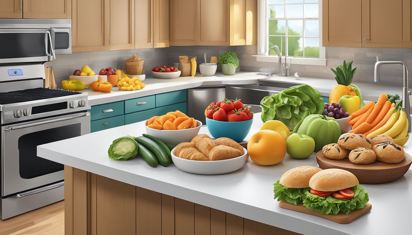 A colorful array of fresh fruits and vegetables, grilled chicken, and whole grain buns arranged on a clean, modern kitchen counter