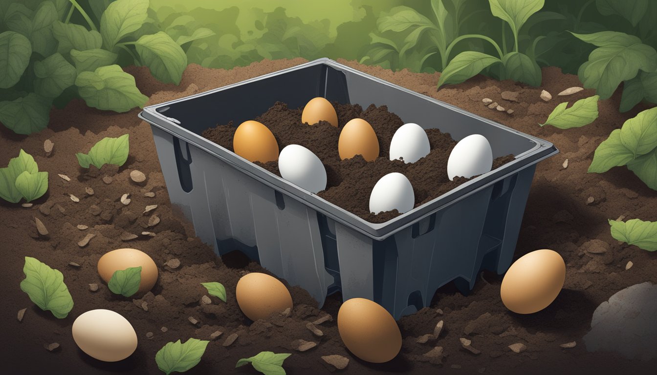 An egg carton sits in a compost bin, surrounded by decomposing organic matter. The carton begins to break down, blending into the rich, dark compost