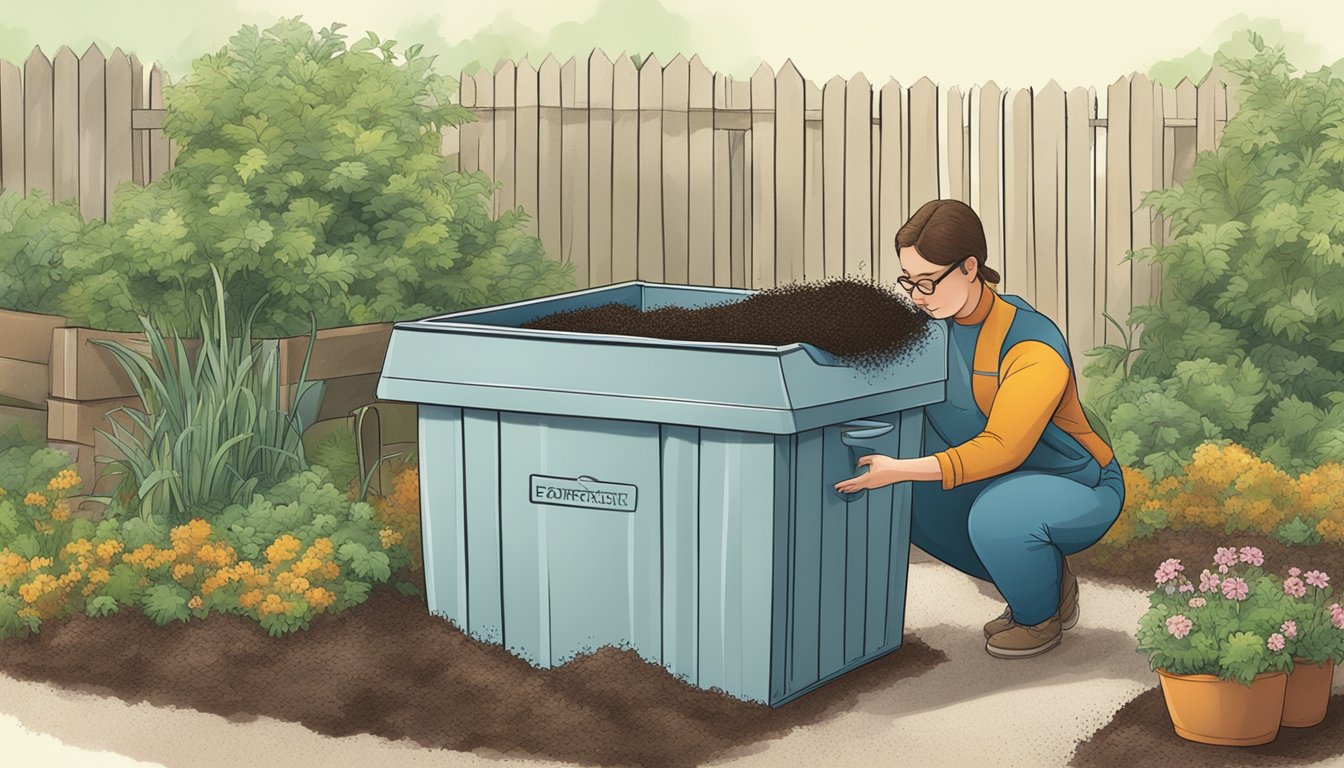 A person adding dog hair to a compost bin in a garden