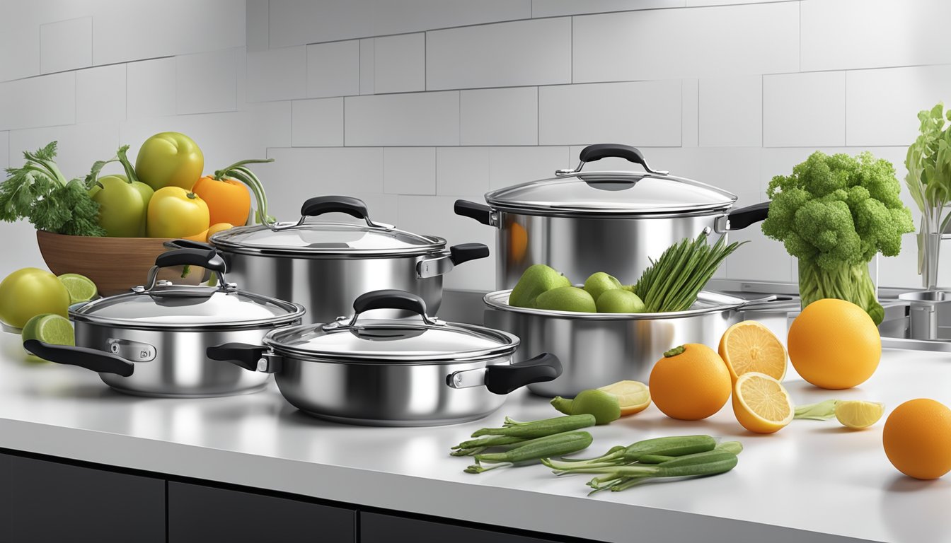 A variety of modern, stainless steel cookware arranged on a clean, white countertop. A bowl of fresh fruits and vegetables sits nearby