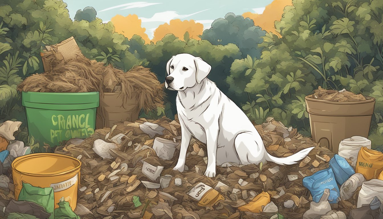 A pile of dog hair sits on a compost heap, surrounded by a variety of organic waste. A sign nearby reads "Additional Tips for Pet Owners."