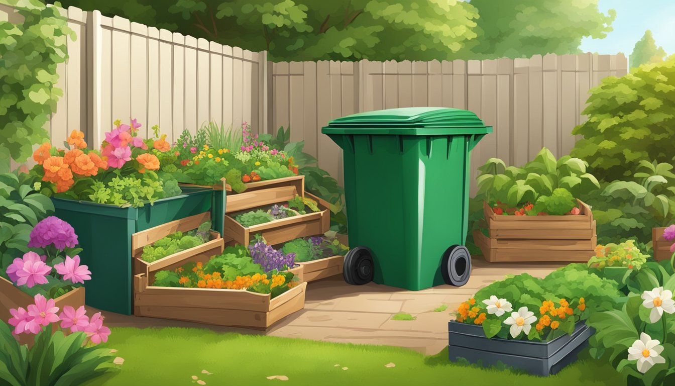 A compost bin filled with various organic waste, including egg boxes and cartons, surrounded by a lush garden with thriving plants and flowers