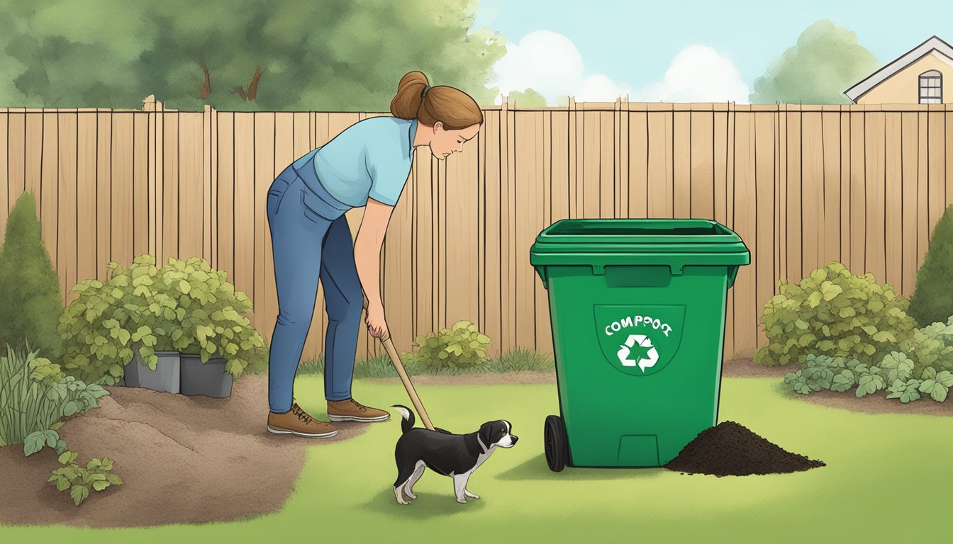 A person scoops dog waste into a compostable bag, then places it in a designated compost bin in their backyard