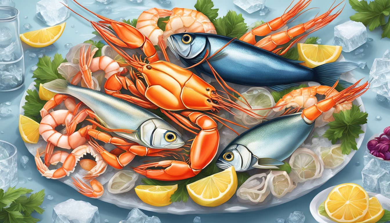 A colorful array of fresh seafood including shrimp, fish, and crab displayed on a bed of ice with vibrant garnishes