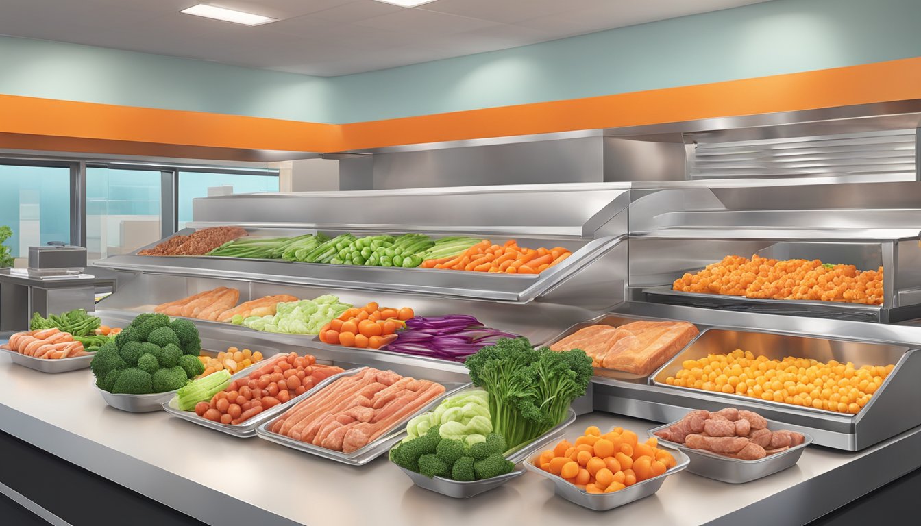 A colorful array of fresh vegetables and lean meats arranged on a clean, modern countertop at a Whataburger restaurant