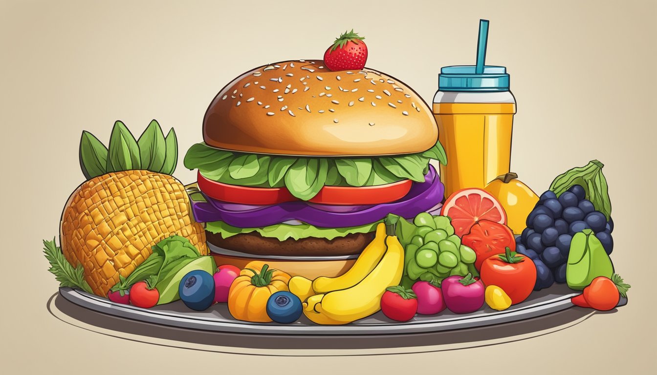 A colorful array of fresh fruits and vegetables arranged next to a tempting burger, representing the choice between healthy options and indulgence