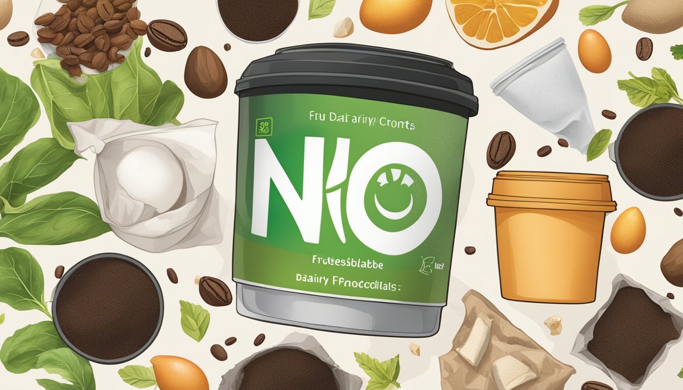 A pile of compostable materials, including fruit and vegetable scraps, coffee grounds, and eggshells, with a clear "no" symbol over a container of dairy products