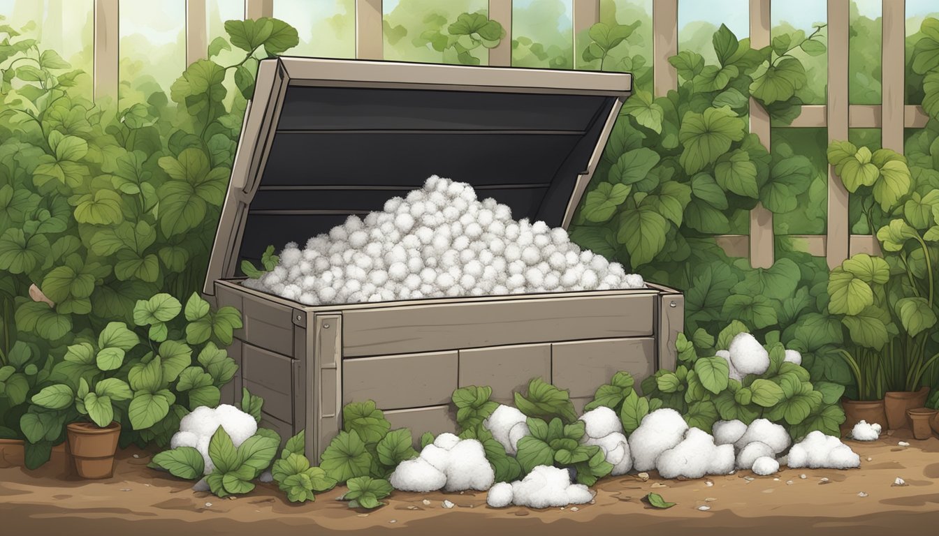 A compost bin filled with cotton scraps surrounded by green plants and decomposing organic material