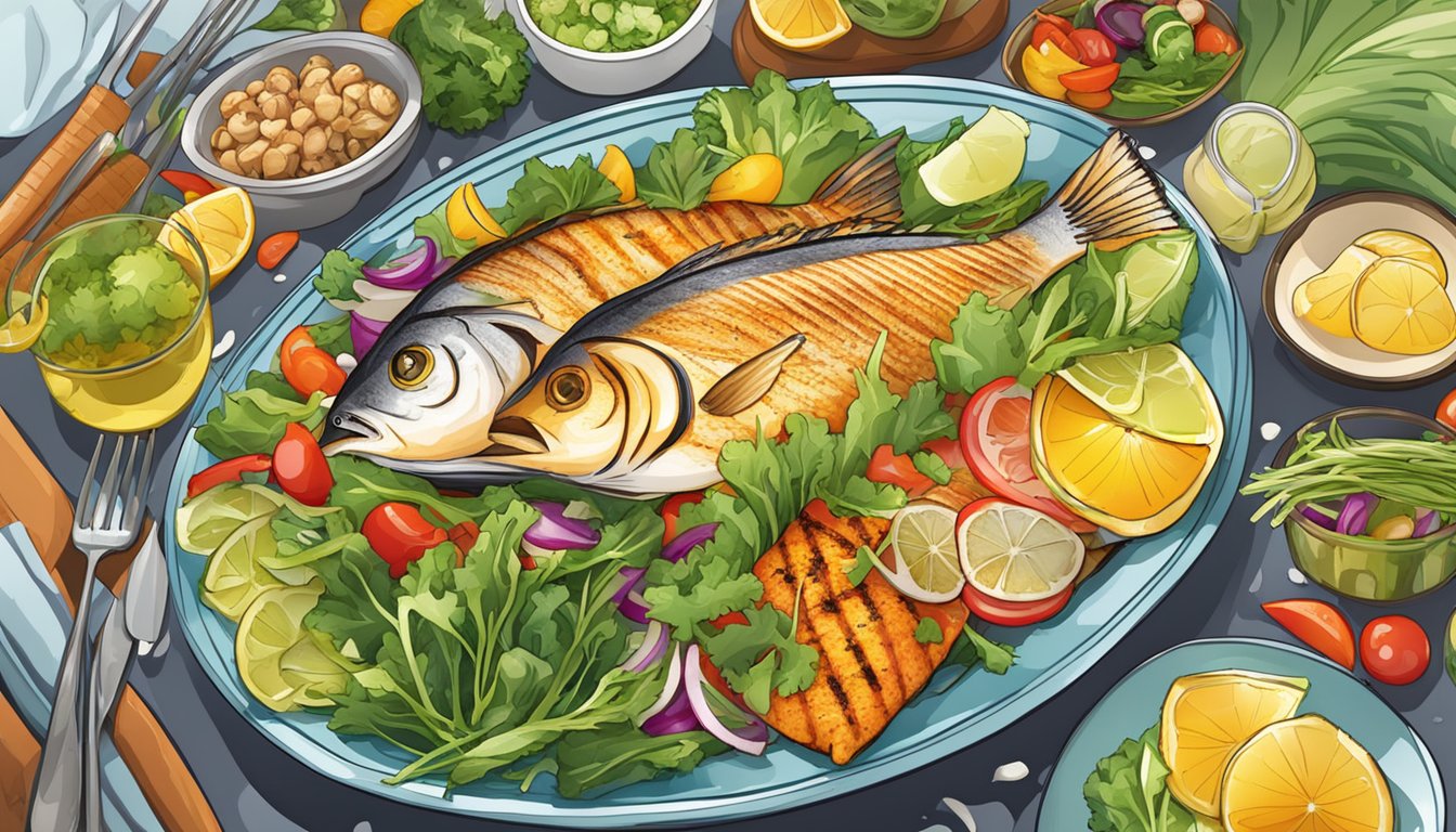 A colorful array of grilled fish, steamed vegetables, and fresh salads arranged on a vibrant platter