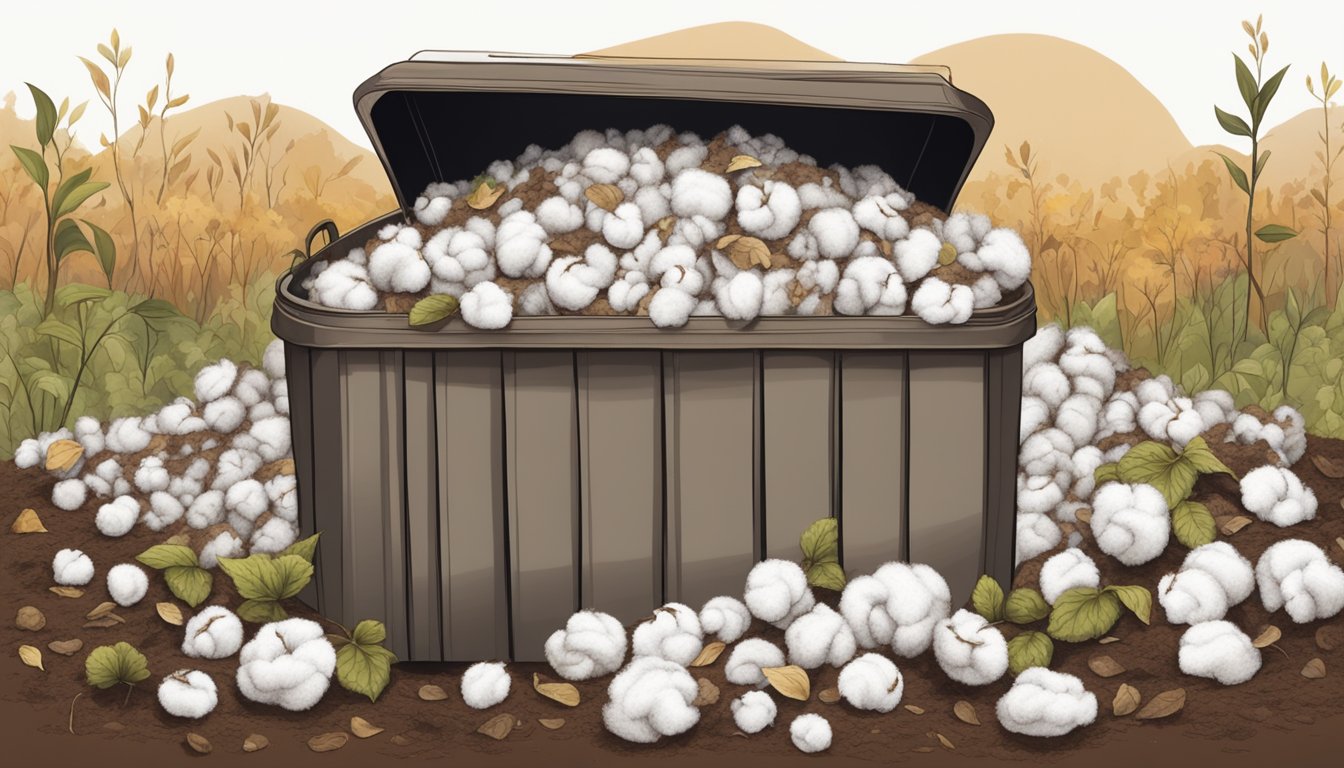 A pile of cotton fabric and other natural materials decaying in a compost bin, surrounded by rich soil and organic matter