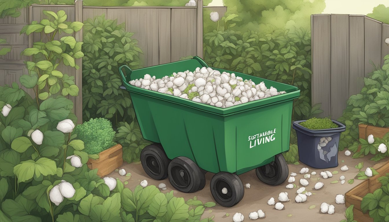 A pile of cotton scraps and organic waste decomposing in a compost bin, surrounded by a lush garden and a small sign reading "Sustainable Living."