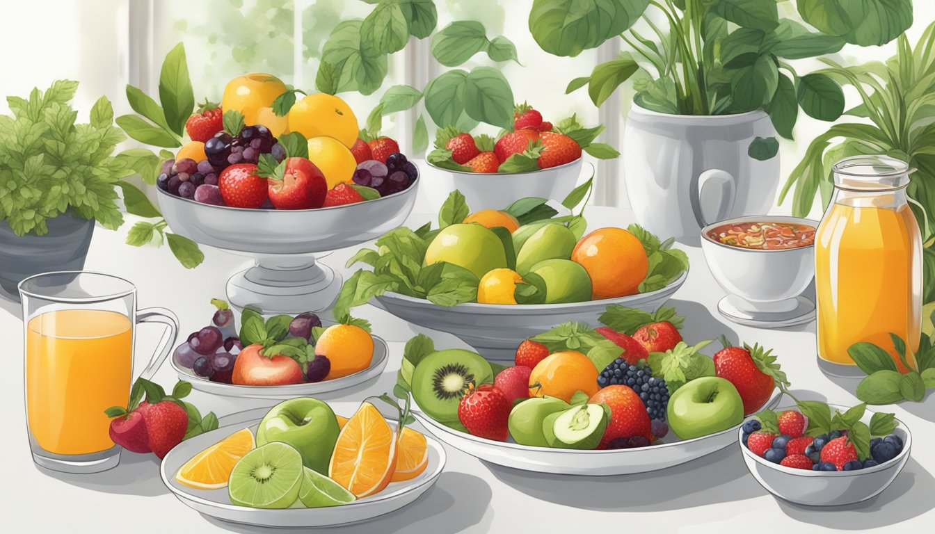 A colorful array of fresh fruit, salads, and herbal teas on a light, airy table setting