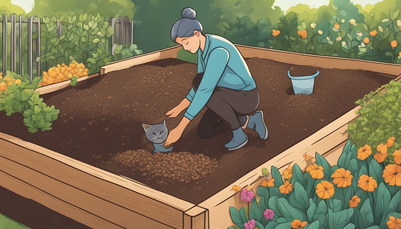 A person adds composted cat waste to a garden bed, with a pile of cat litter nearby