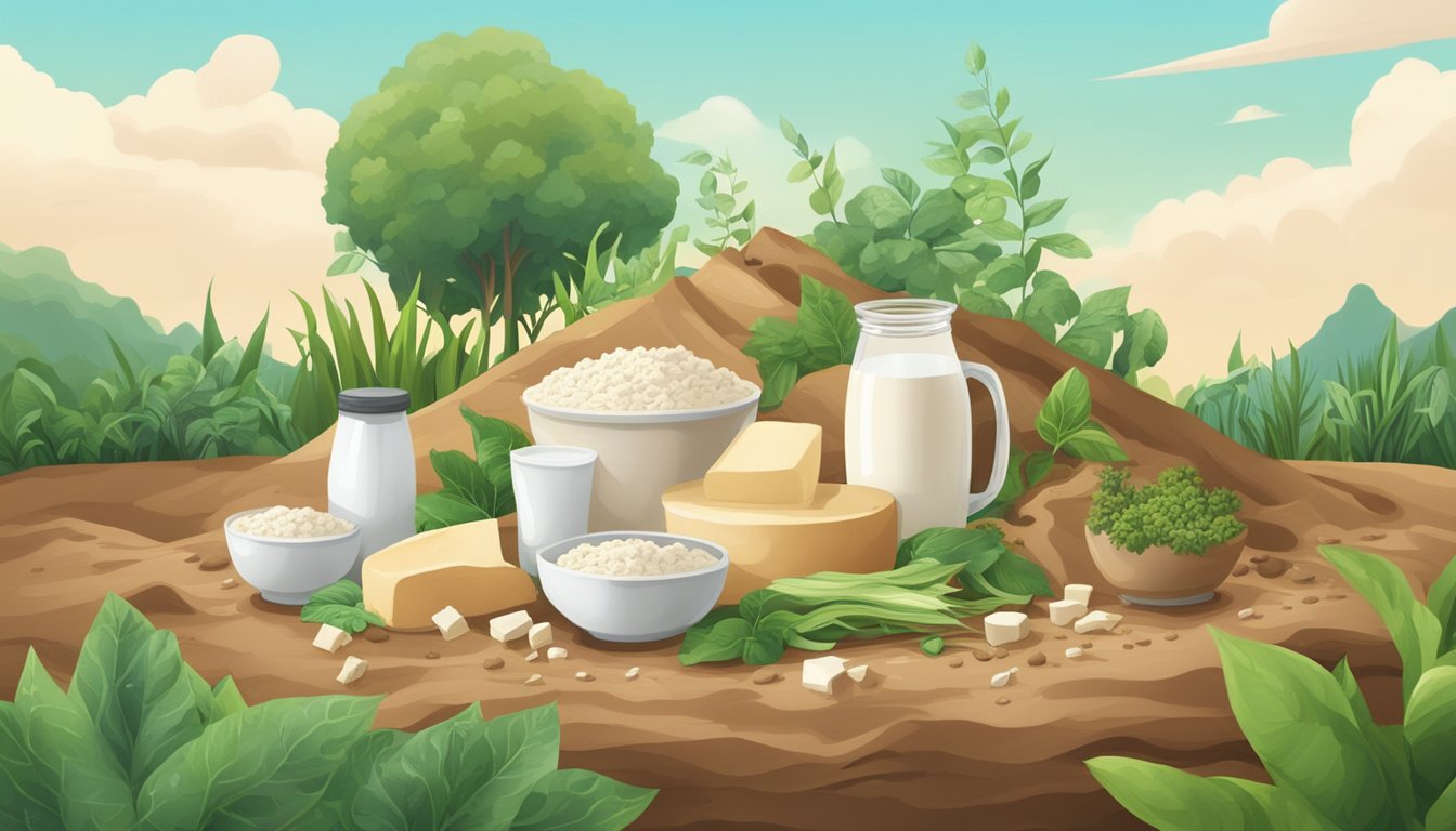 A pile of compostable dairy products surrounded by nutrient-rich soil and thriving plants