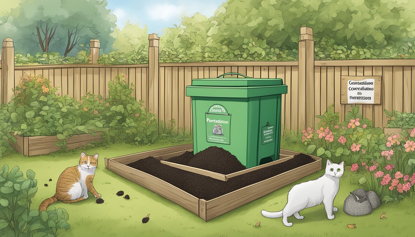 A compost bin with cat poop and litter labeled "Health Considerations and Precautions" near a garden