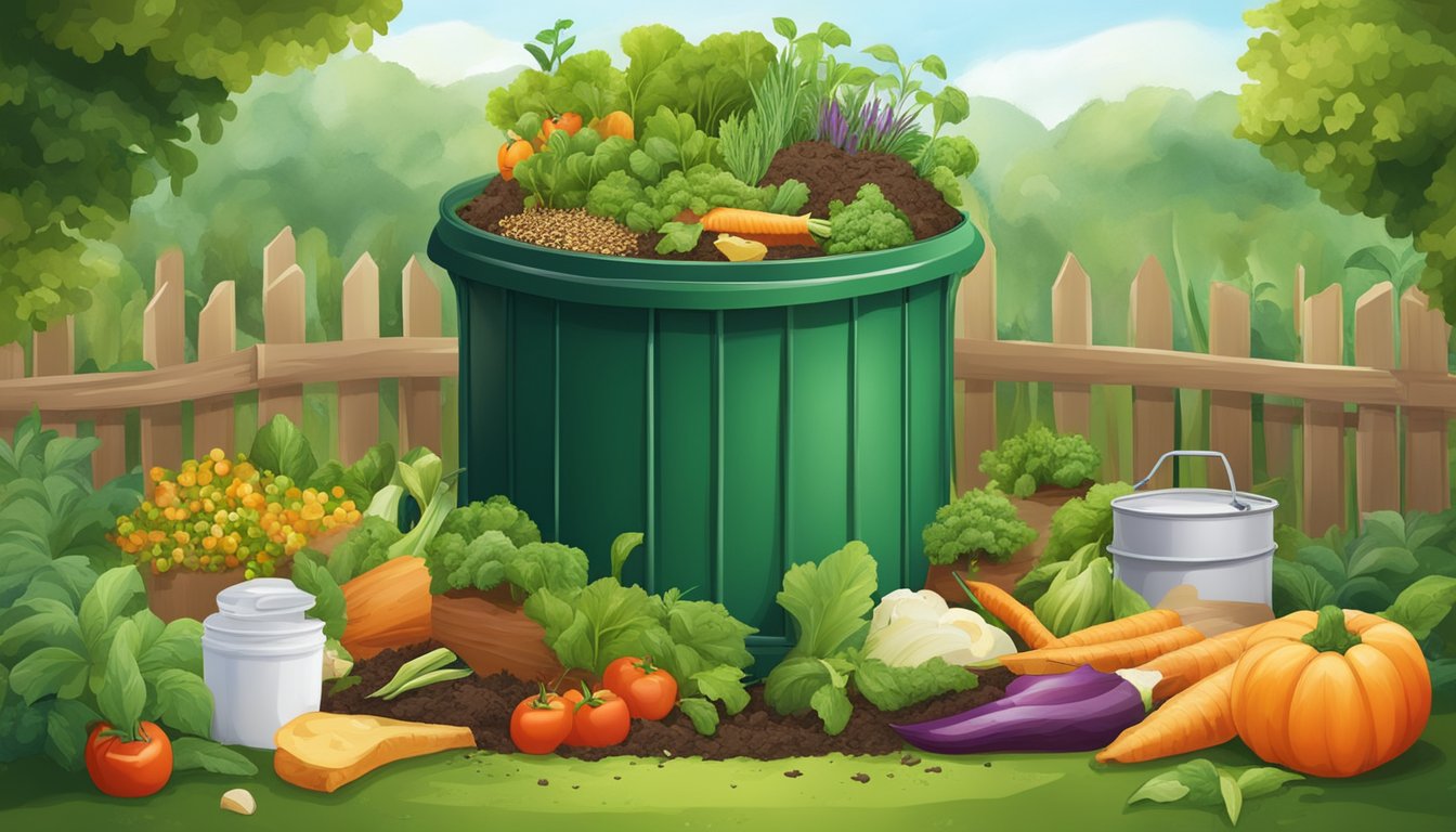 A compost bin with a mix of food scraps, including dairy products, surrounded by a garden with various plants and vegetables growing