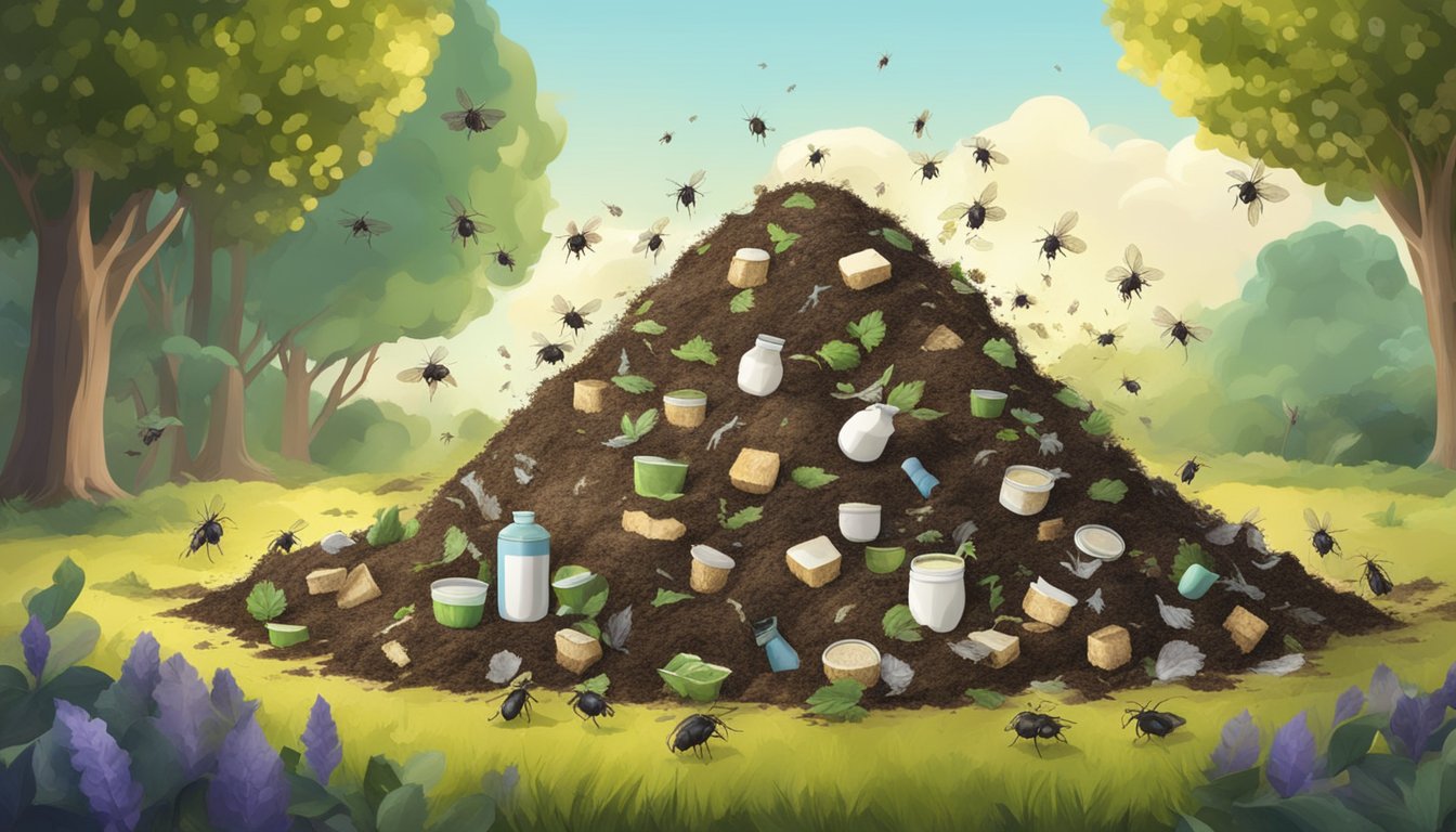 A compost pile with dairy products and organic waste, surrounded by flies and emitting a strong odor