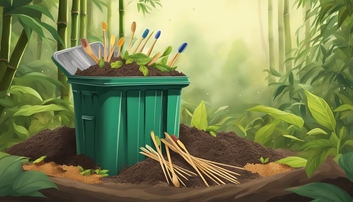 A compost bin with bamboo toothbrushes breaking down among other organic waste, surrounded by soil, leaves, and other compostable materials