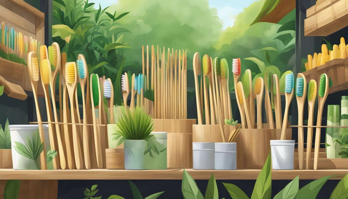 Bamboo toothbrushes displayed in a vibrant market stall, surrounded by greenery and natural materials