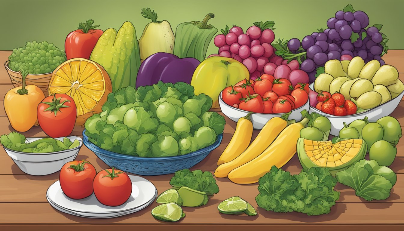 A colorful array of fresh fruits and vegetables arranged on a table, with a variety of healthy Schlotzsky's menu items displayed alongside