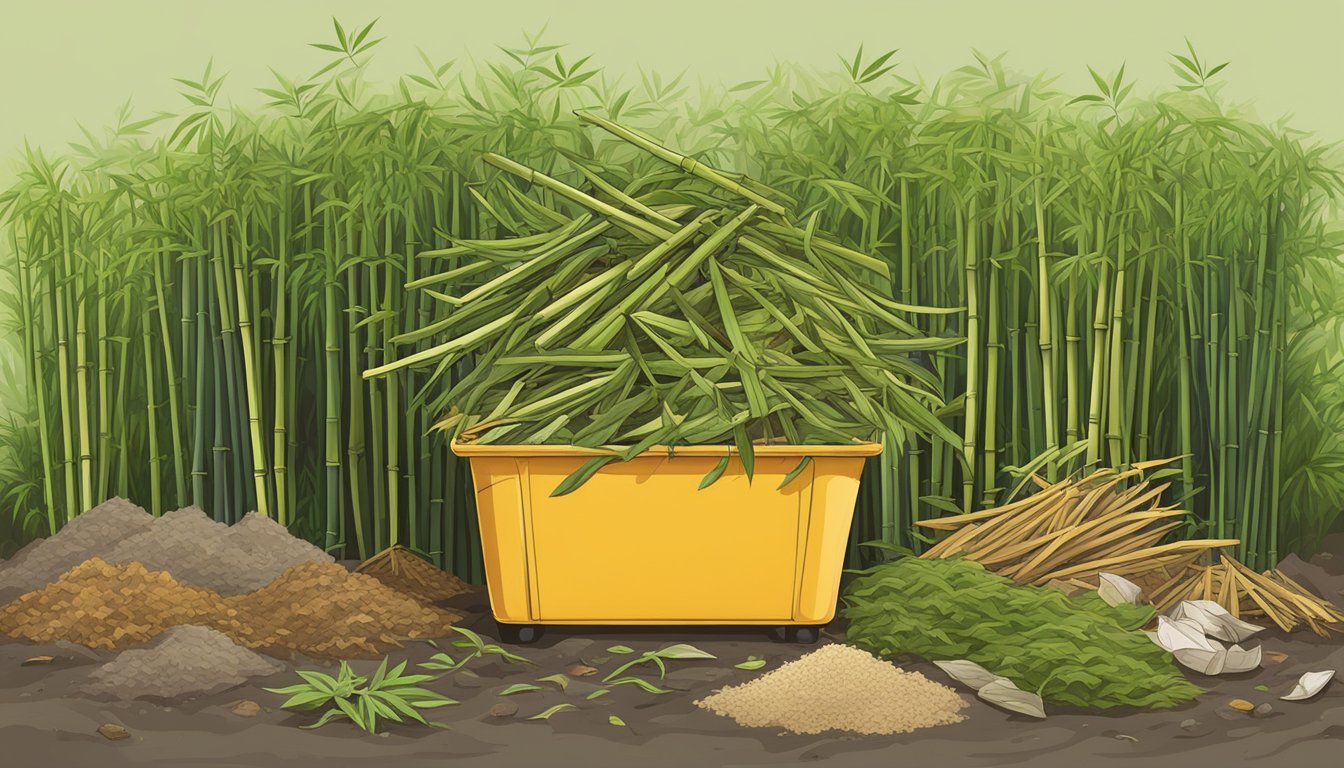 Bamboo leaves and stalks piled in a compost bin, surrounded by other organic waste