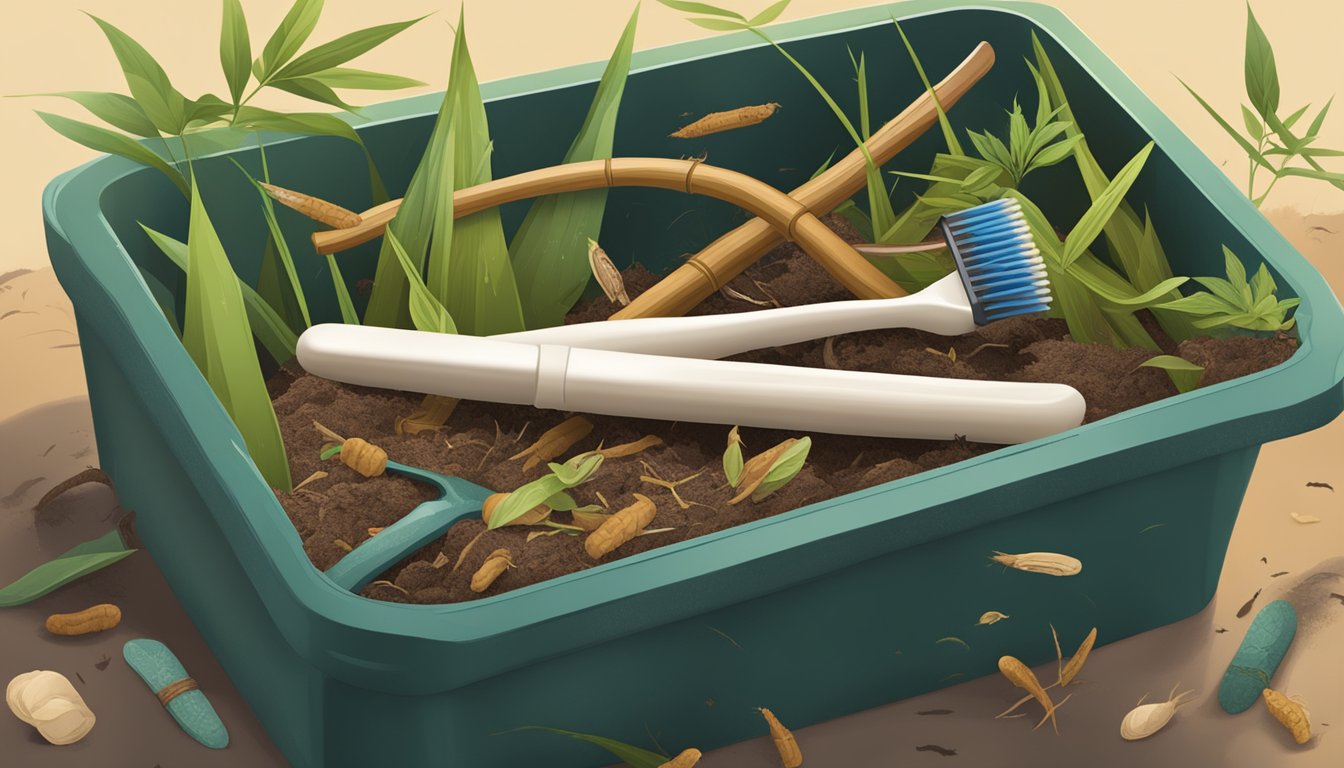 A bamboo toothbrush is placed in a compost bin surrounded by decomposing organic materials and earthworms