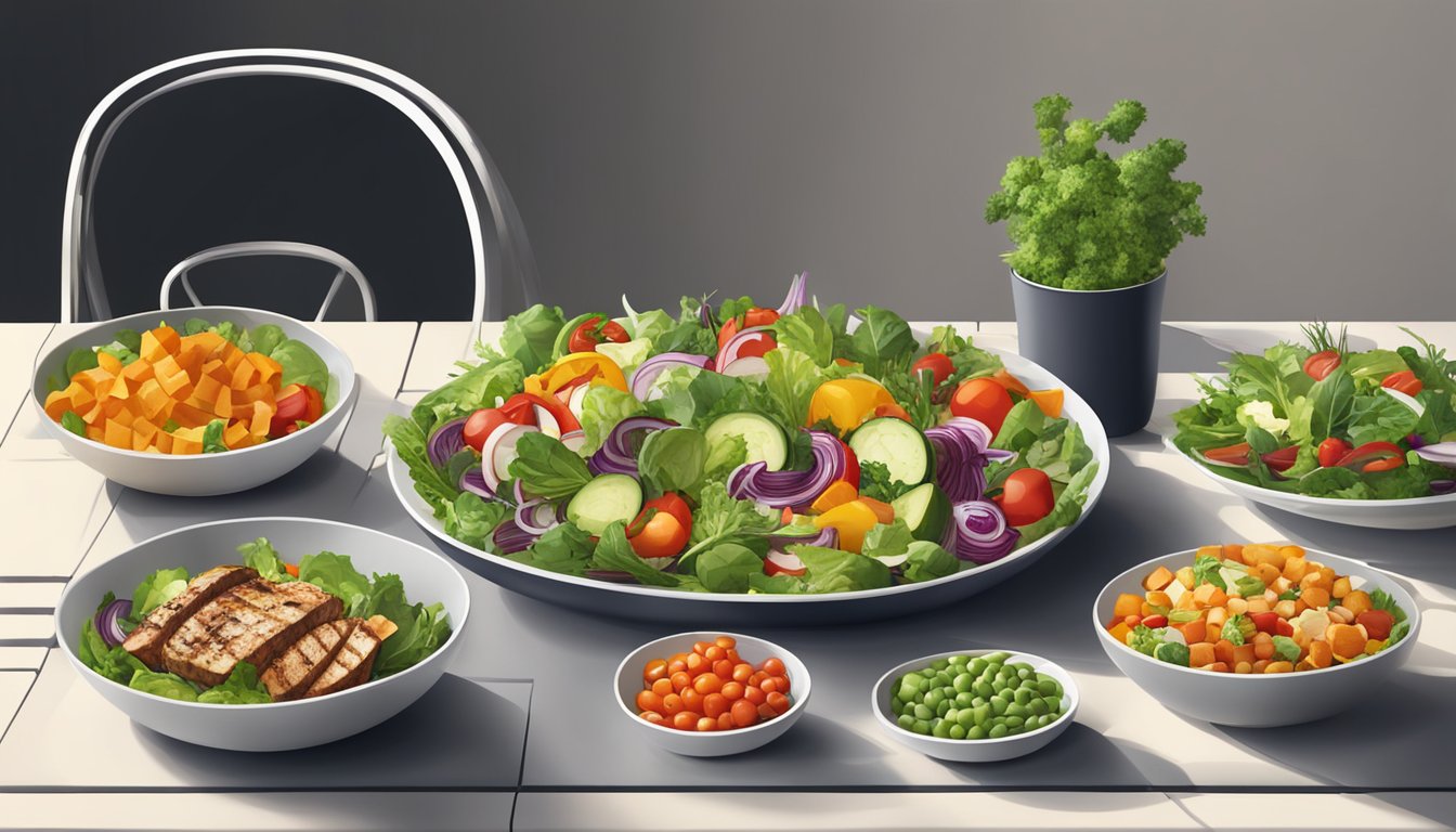 A colorful array of fresh salads, grilled vegetables, and lean proteins arranged on a modern table setting