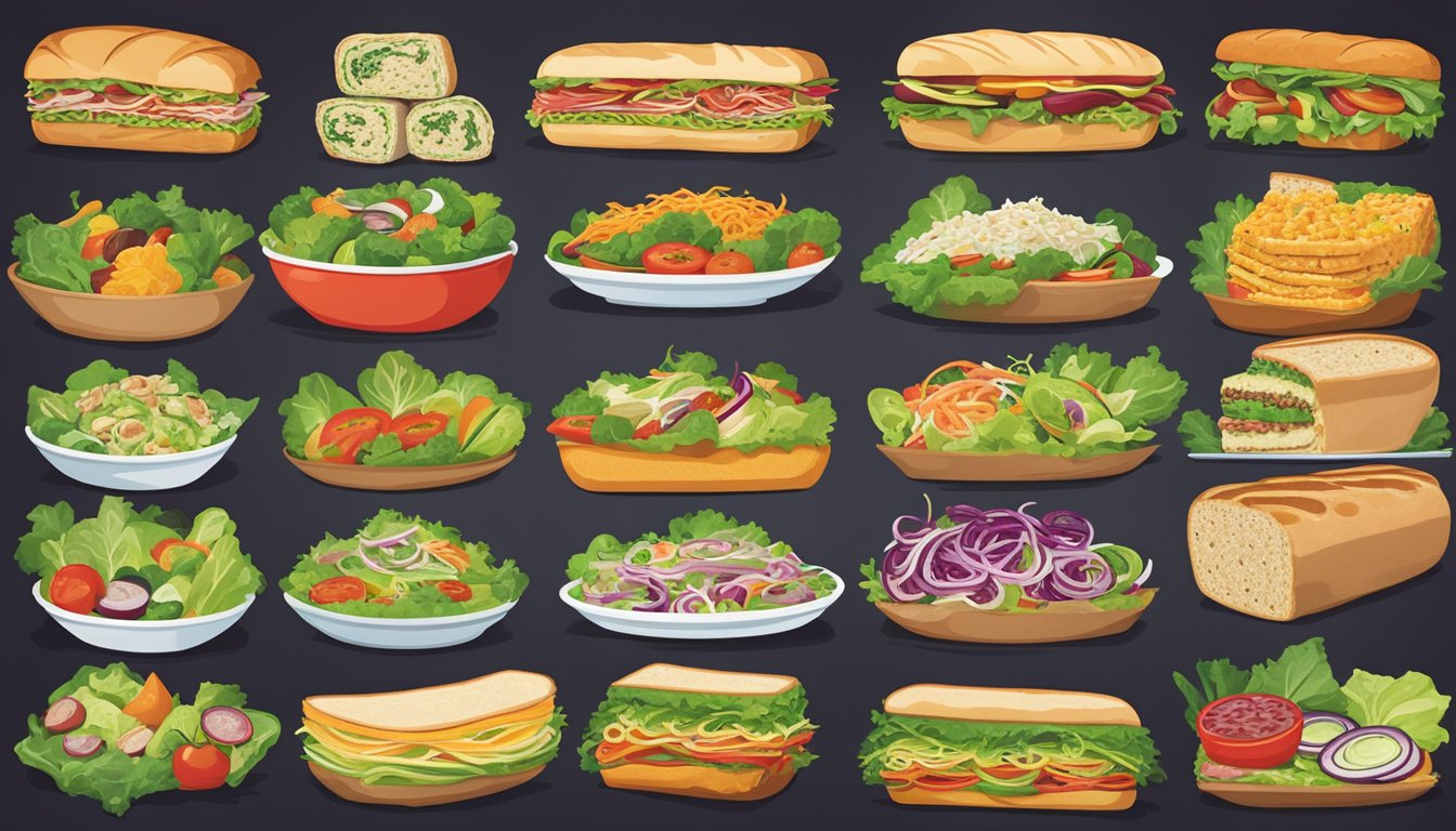 A colorful array of fresh salads, wraps, and sandwiches displayed on a vibrant menu board at Schlotzsky's, with emphasis on healthy options