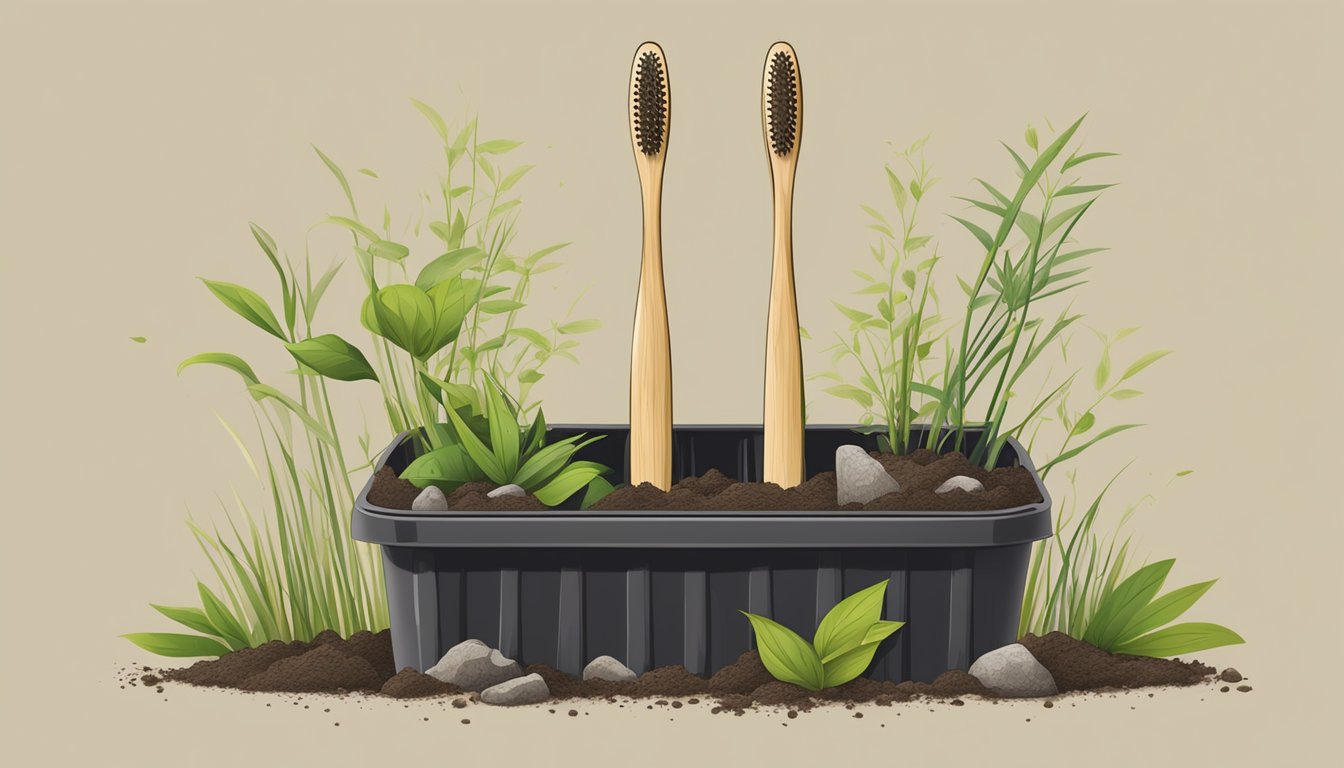 A bamboo toothbrush is placed in a compost bin surrounded by organic waste and soil, with small plants growing nearby