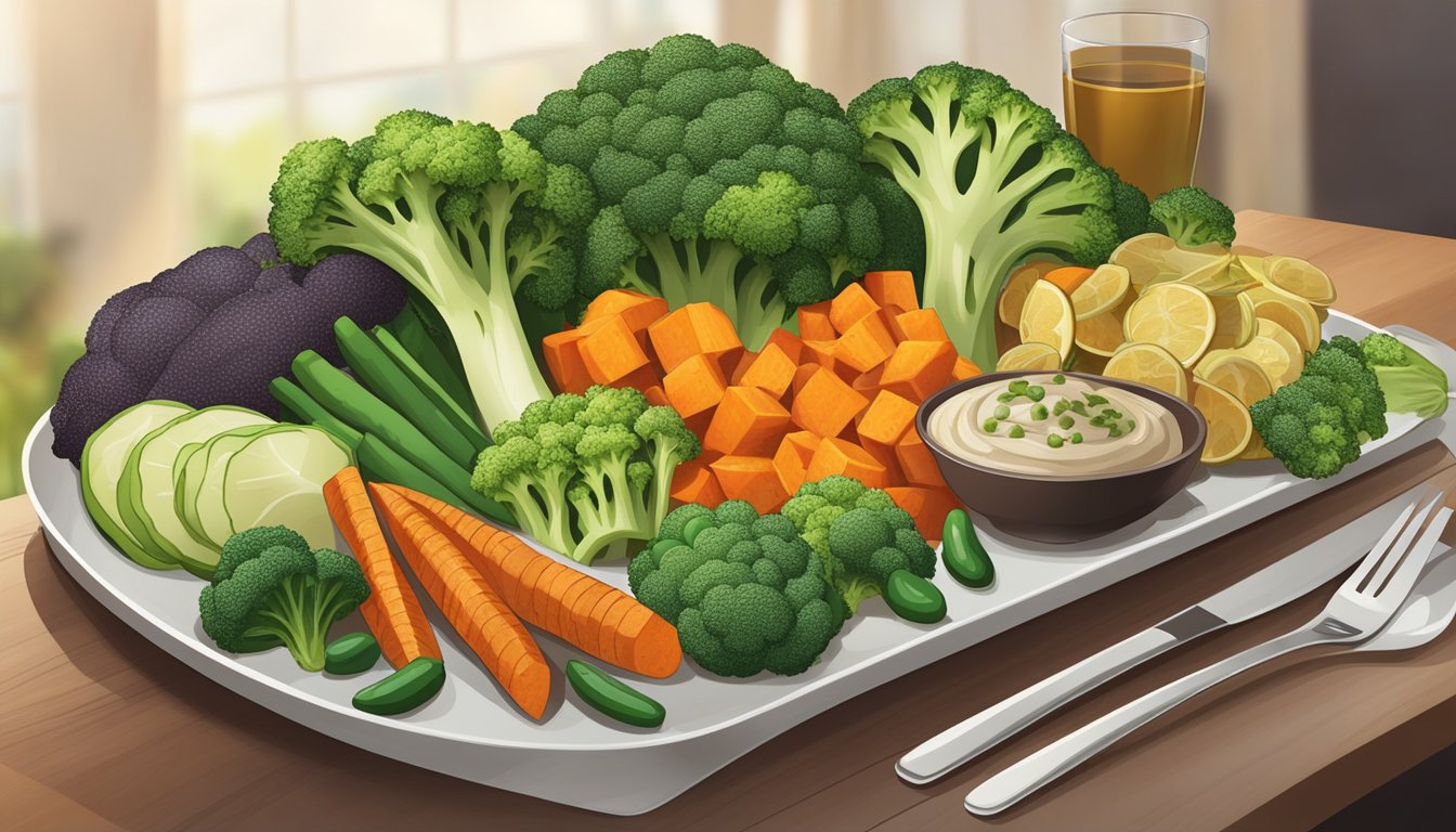 A colorful array of fresh vegetables and wholesome sides, like steamed broccoli and roasted sweet potatoes, are displayed on a modern serving platter