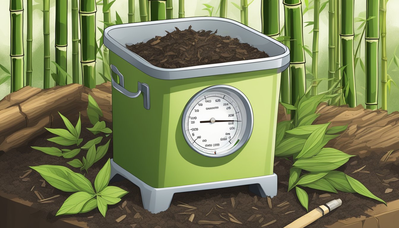 Bamboo leaves pile up in a compost bin, surrounded by other organic matter. A thermometer shows high temperature, indicating active decomposition