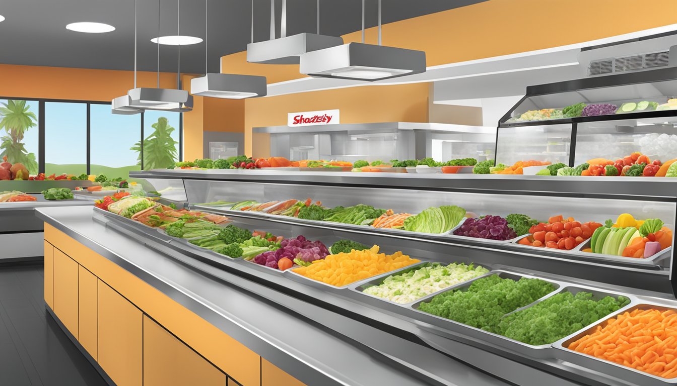 A vibrant salad bar with fresh vegetables, fruits, and lean proteins displayed in a clean and inviting setting at Schlotzsky's