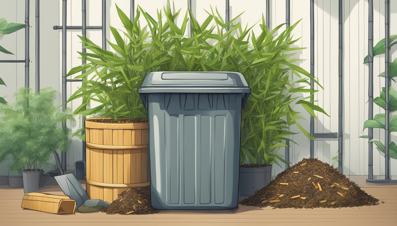 Bamboo leaves being added to a compost bin surrounded by various organic waste and a sign promoting the circular economy