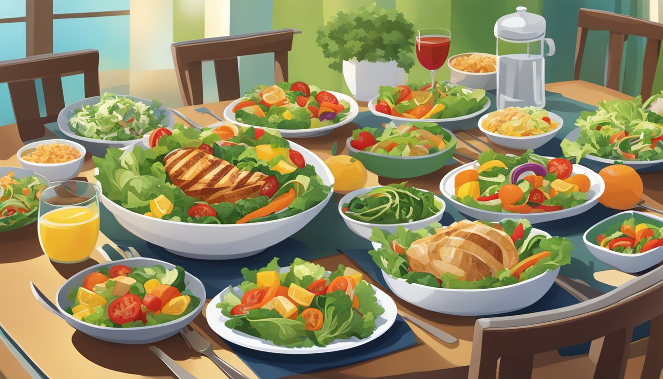 A colorful array of fresh salads, grilled chicken, and steamed vegetables on a vibrant table setting