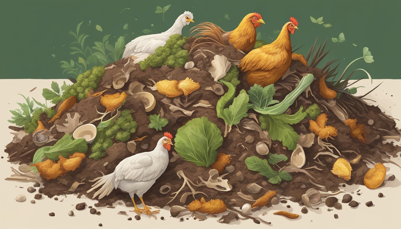 A pile of organic waste, including chicken bones, surrounded by brown and green materials, with worms and microorganisms breaking down the compost