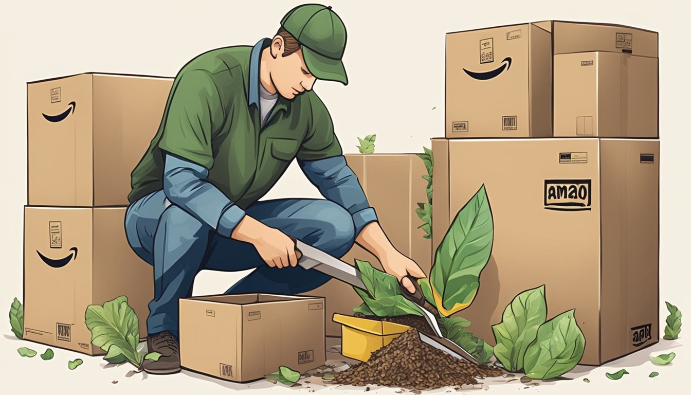 A person cutting and breaking down Amazon boxes to prepare them for composting