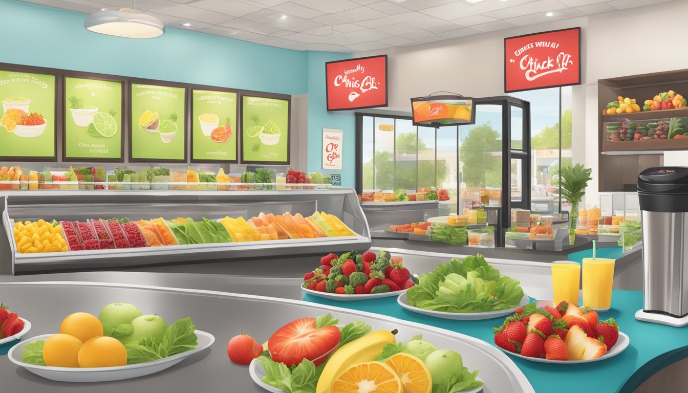 A colorful array of fresh fruits, salads, and smoothies on display at a Chick-fil-A restaurant, with cheerful signage promoting healthy menu options