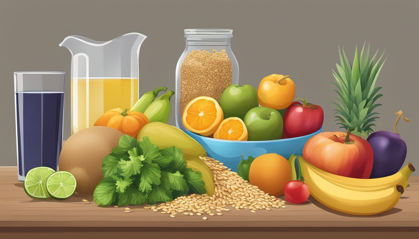 A table set with a variety of fresh fruits, vegetables, and whole grains, alongside a glass of water and a measuring tape