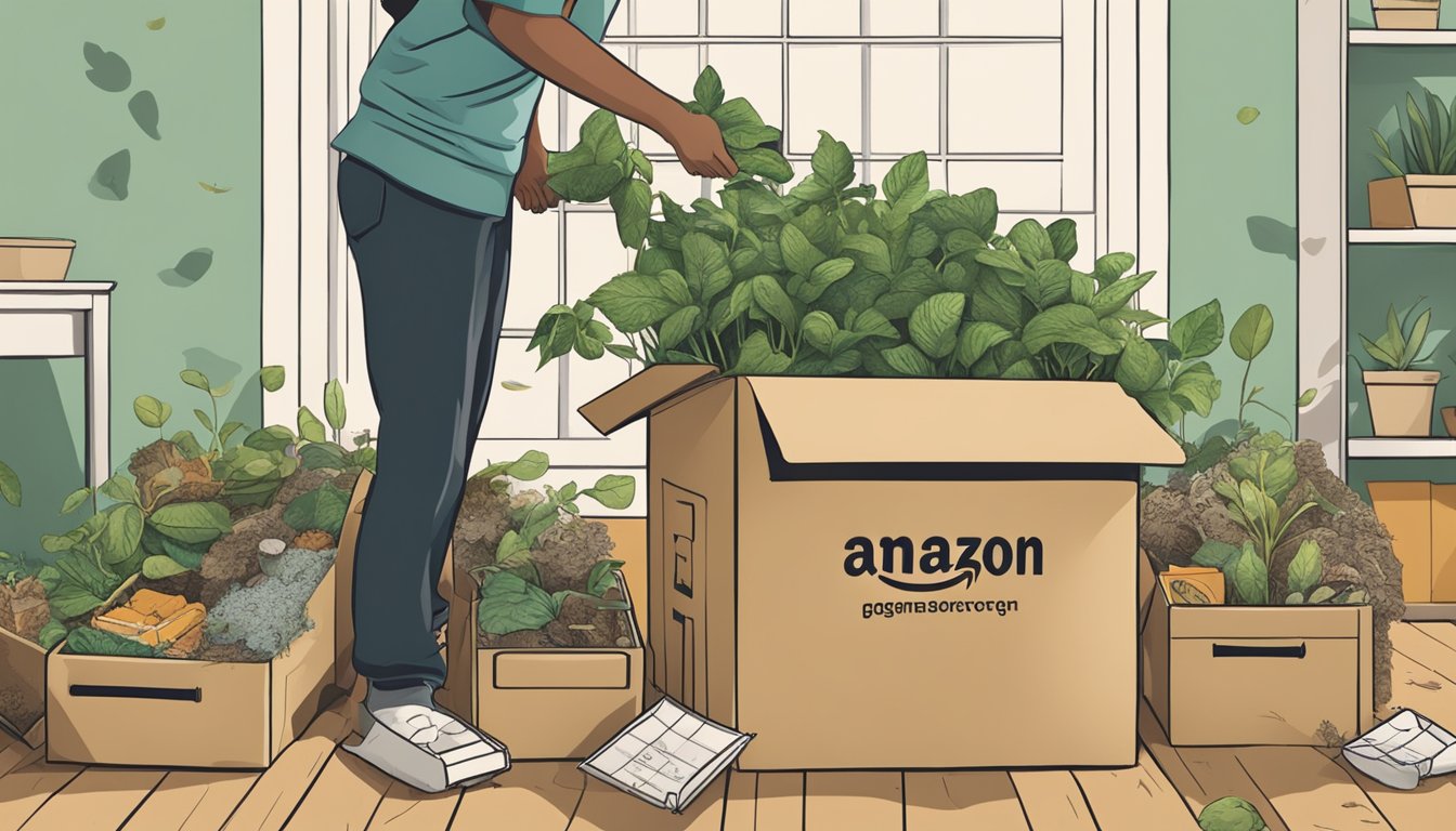 A person placing Amazon boxes into a compost bin alongside other organic materials