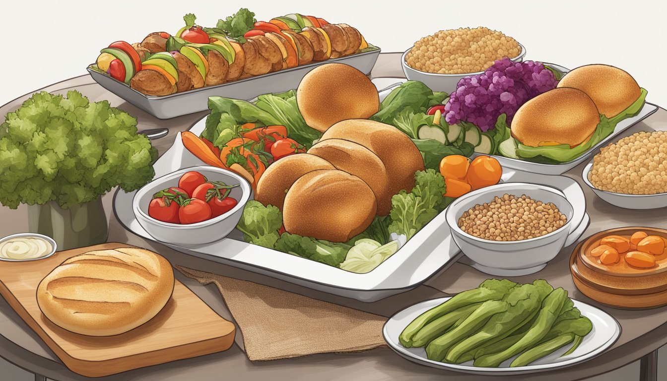 A colorful array of fresh vegetables, grilled chicken, and whole grain buns arranged on a clean, modern serving platter