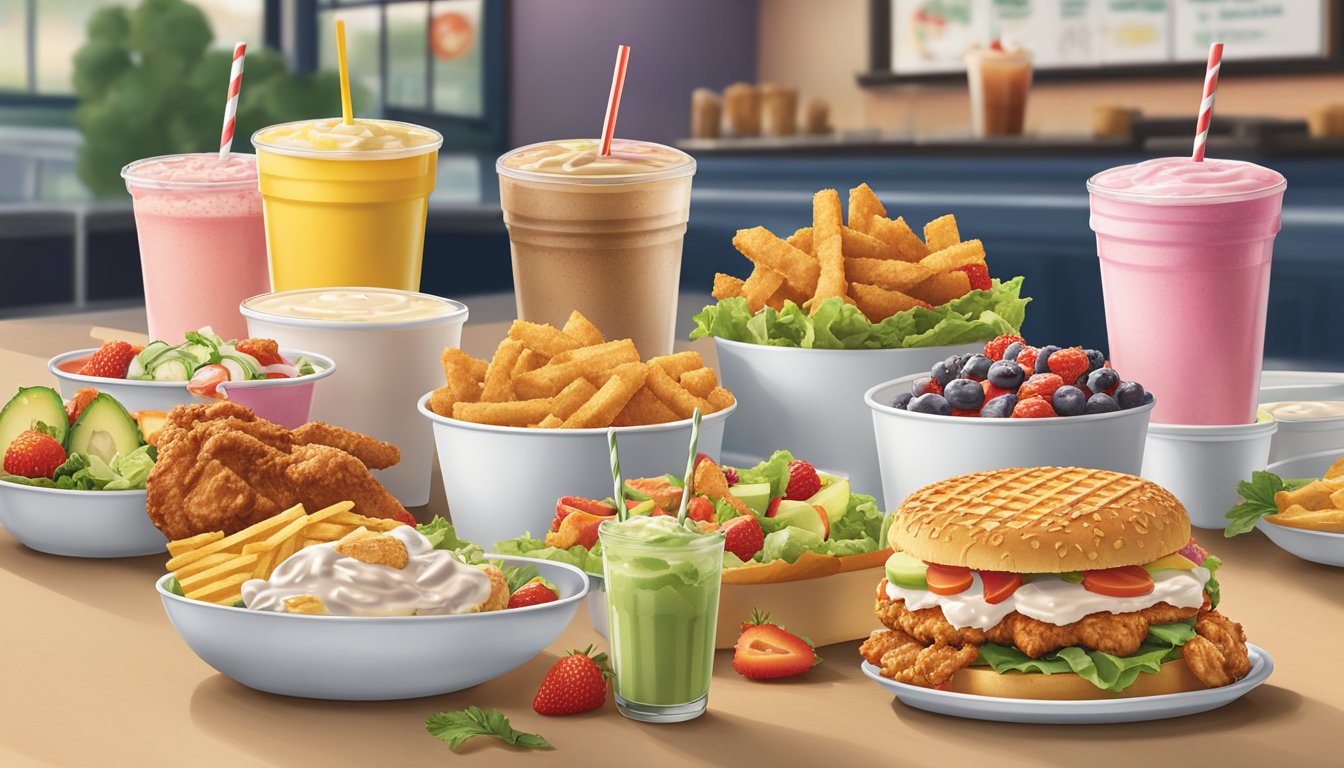 A colorful display of fresh salads, grilled chicken sandwiches, and fruit cups contrasted with decadent milkshakes, crispy chicken sandwiches, and waffle fries at a Chick-fil-A restaurant