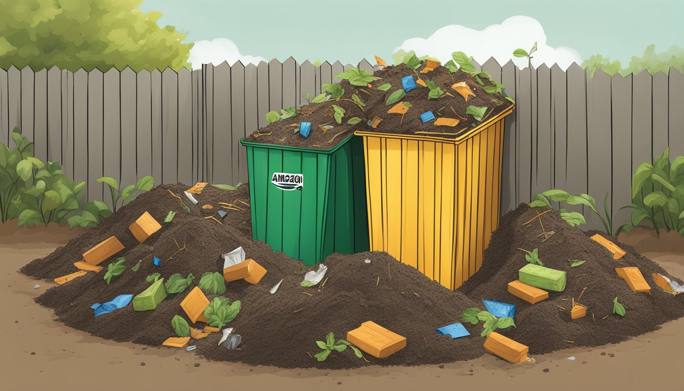 A compost bin filled with organic waste, including Amazon boxes breaking down into soil