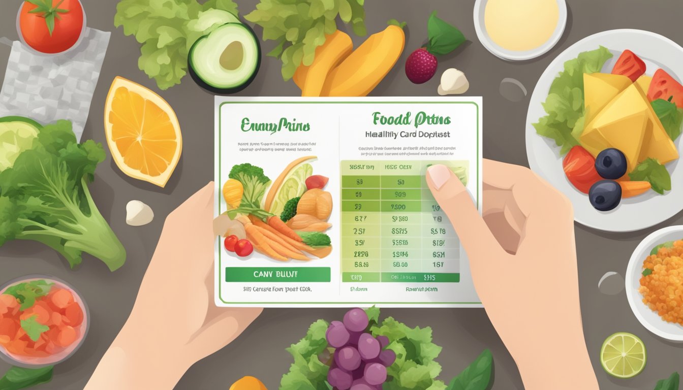 A hand holding a healthy options card with various food items and a price list in the background