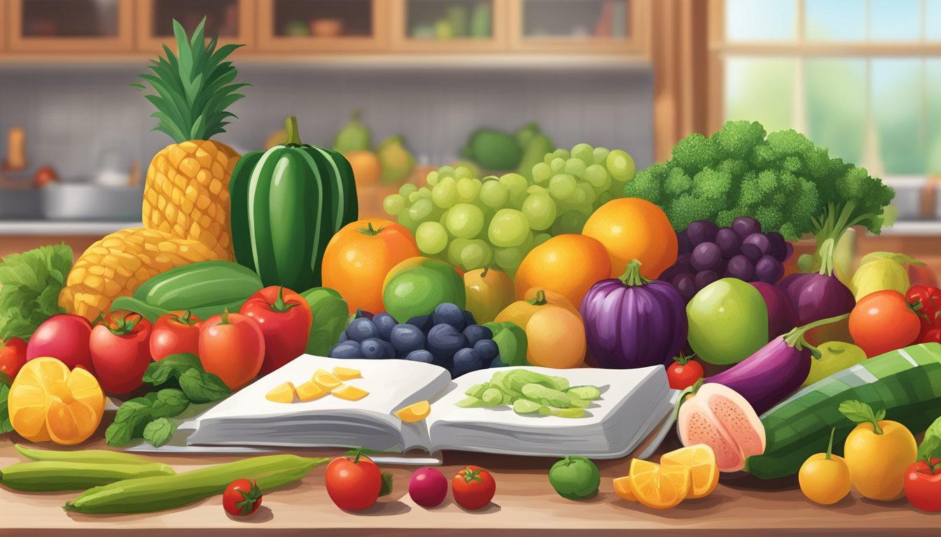 A vibrant array of fresh fruits and vegetables displayed next to a stack of colorful recipe cards and a selection of healthy cookbooks