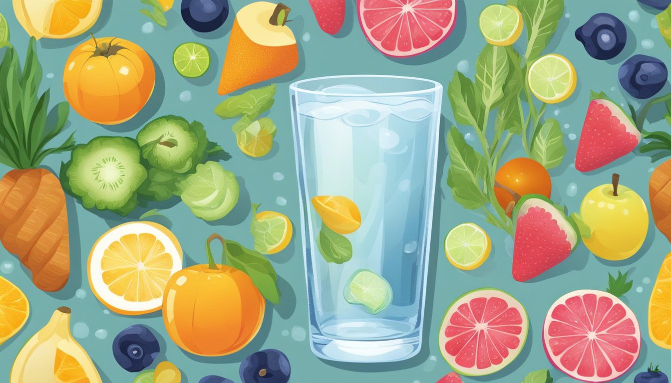 A clear glass of water surrounded by colorful fruits and vegetables