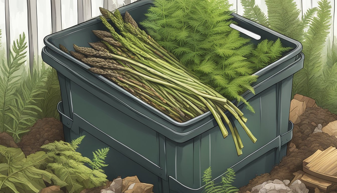 A pile of asparagus ferns decaying in a compost bin, surrounded by other organic materials